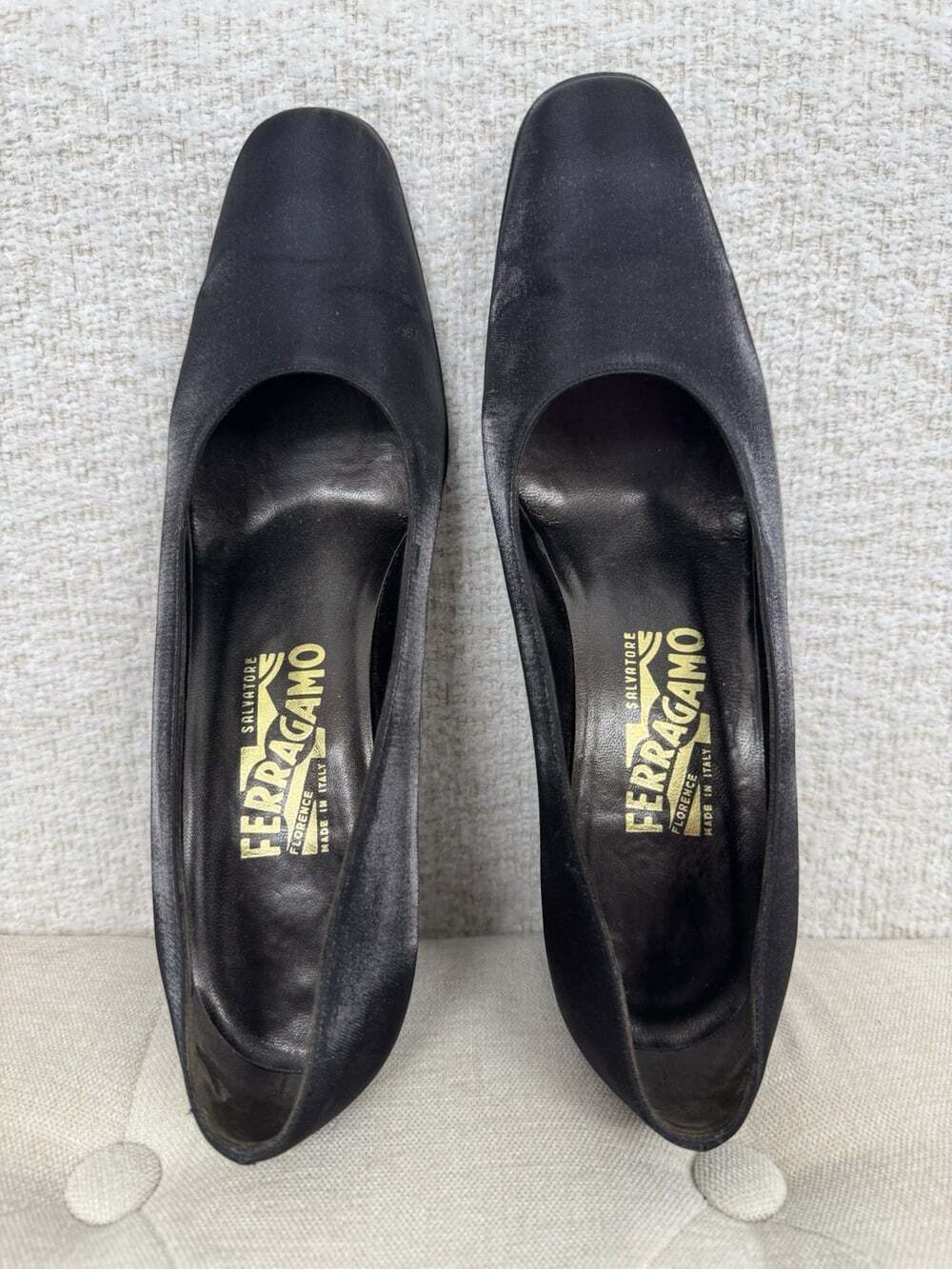Salvatore Ferragamo 1990s Vintage Black Satin Pumps with Rhinestone Heel Trim S7 - Picture 15 of 15